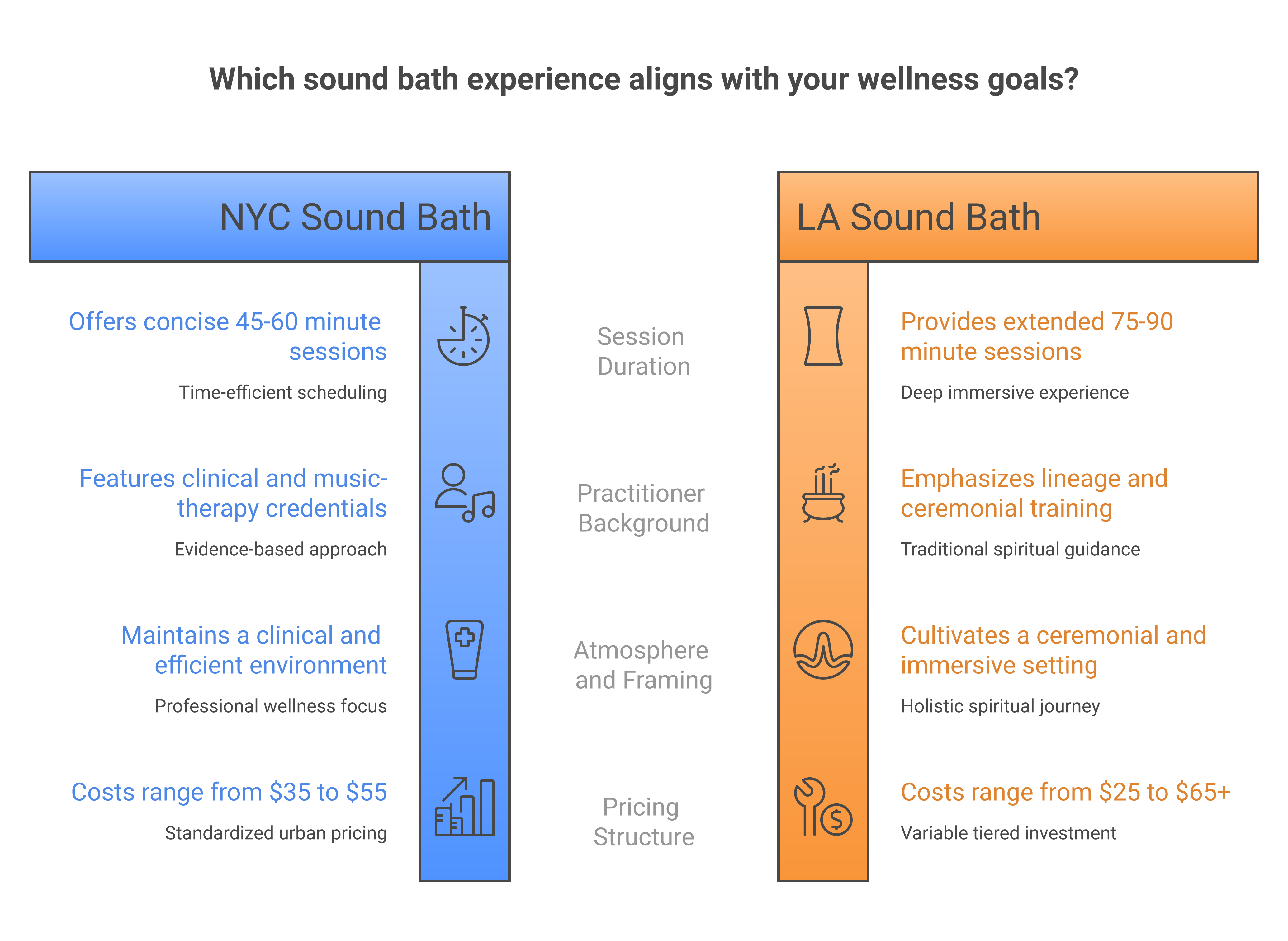 Create a mind map: Sound bath NYC vs LA   - NYC: clinical, efficient, 45-60 min, $35-$55   - LA: ceremonial, immersive, 75-90 min, $25-$65+   - NYC practitioners: clinical and music-therapy credentials   - LA practitioners: lineage and ceremonial training   - Choose NYC for: short sessions, clinical framing   - Choose LA for: long, outdoor, ceremonial sessions