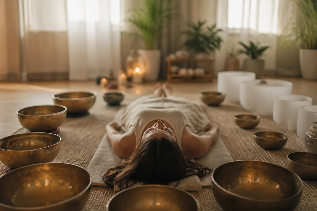 A practitioner lying on a mat surrounded by brass and crystal singing bowls in a sunlit room